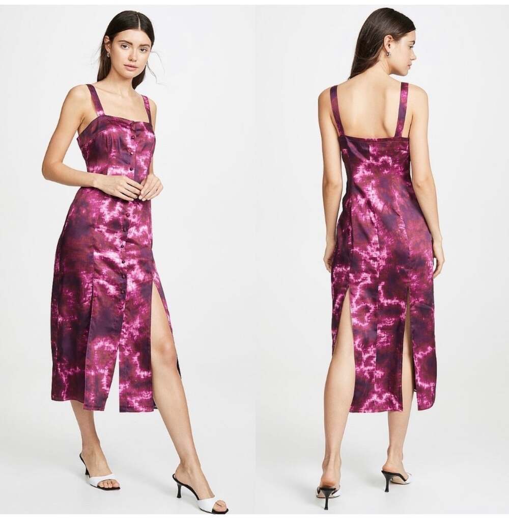 Cinq a Sept Alexa Fig Magenta Tie Dye Slit Button Square Neck Midi Dress Size 4